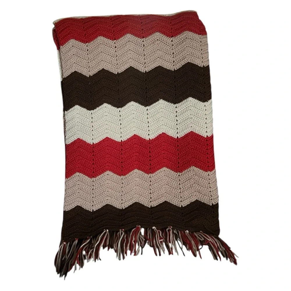 Vintage Hand Made Fall Colors Fringe Afghan.